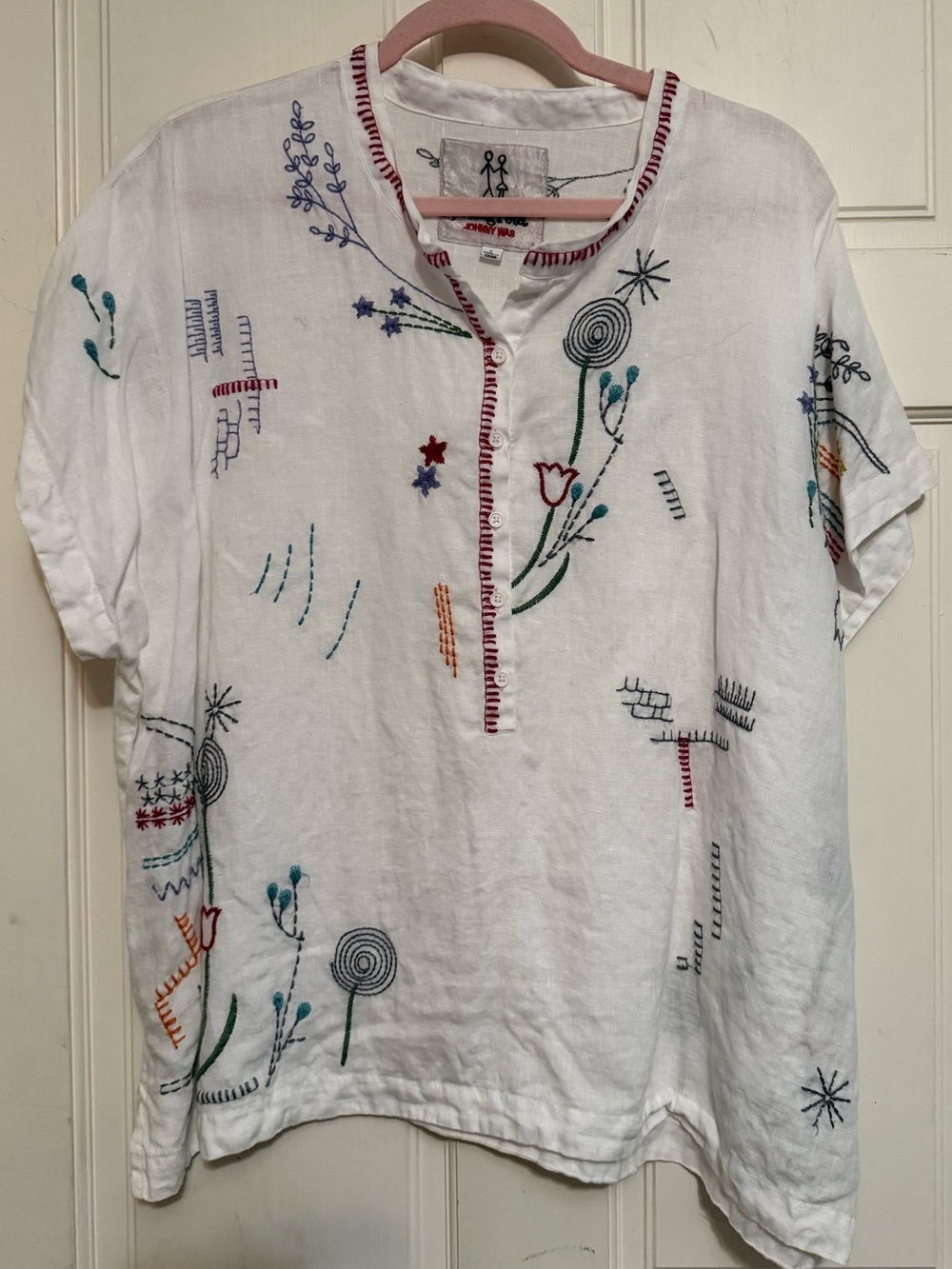 Johnny Was White Short-Sleeve Embroidered Linen Top